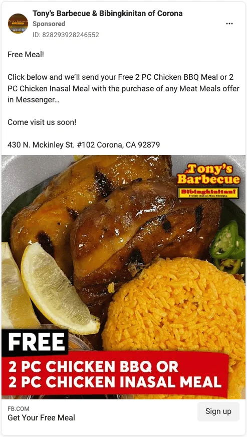 Meta ad creative 5 of 12 for a restaurant client