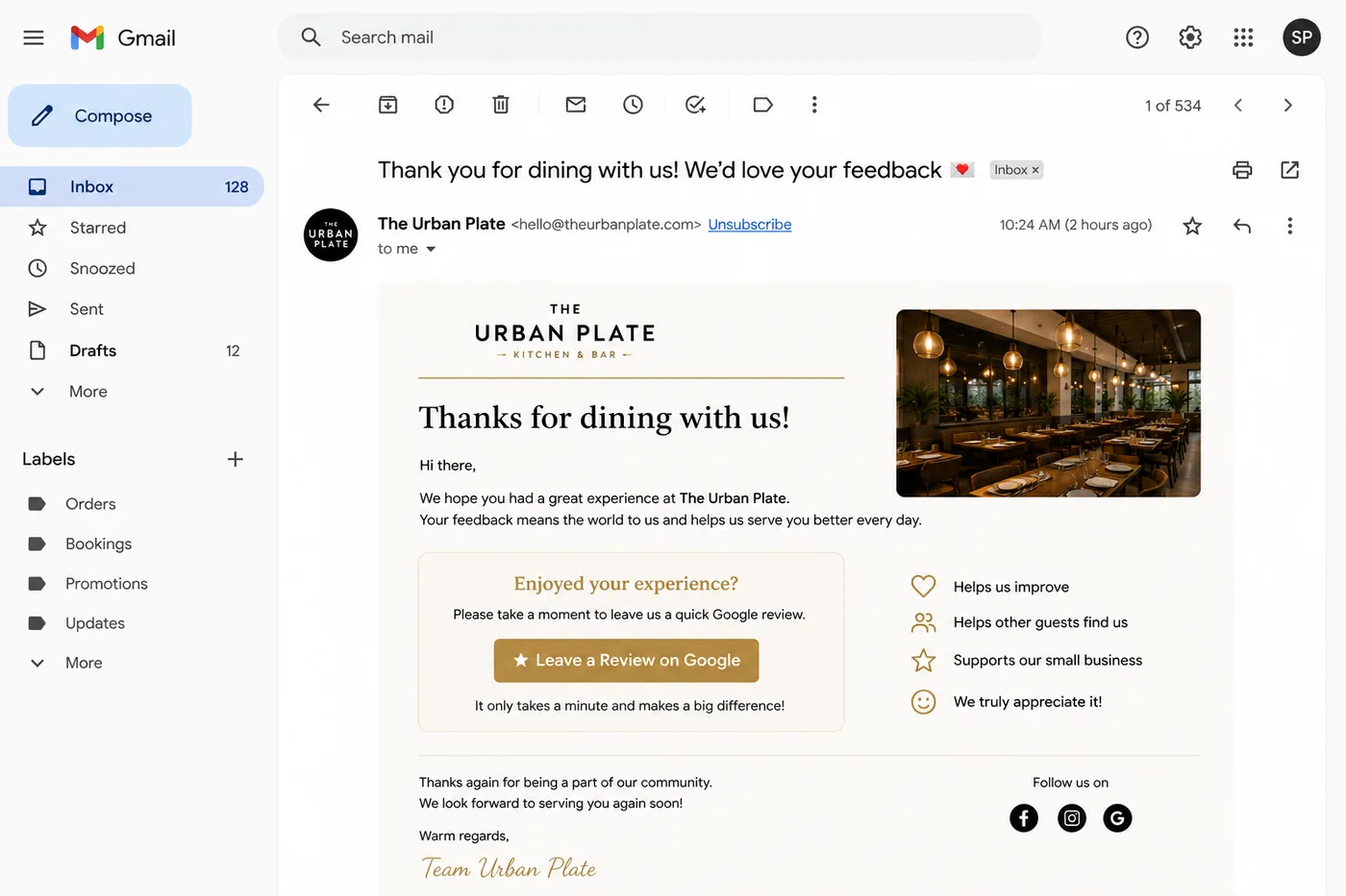 Branded post-visit feedback email as a guest sees it in Gmail
