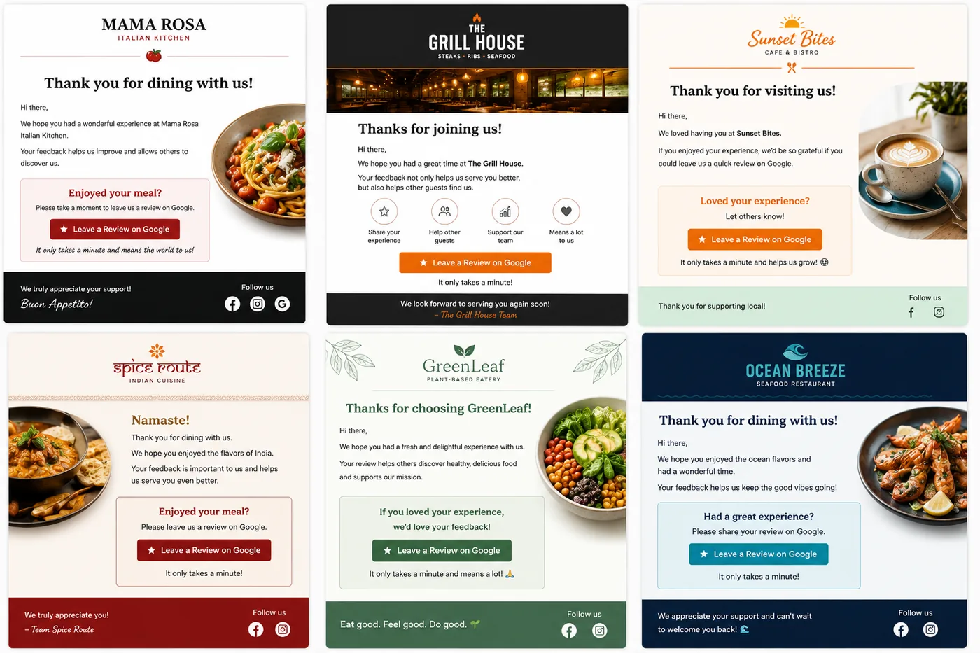 Grid of restaurant email templates for offers, feedback and reopenings