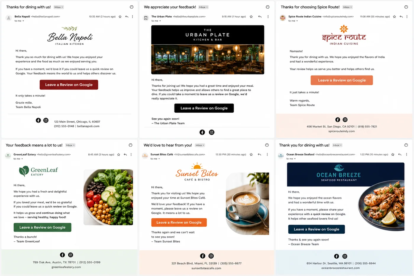 Grid of review-request and loyalty email campaigns for restaurants